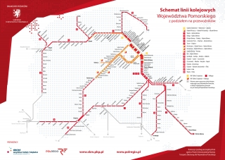 Schemat linii kolejowych Województwa Pomorskiego z podziałem na przewoźników